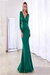 Deep V Neck Full Sleeved Pleated Long Evening Party Dress Satin Floor Length Event Gown Prom Robe Casual Dresses2539597