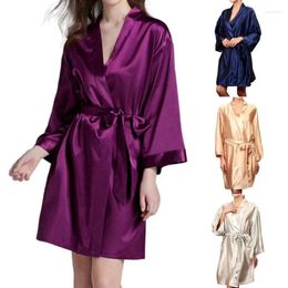 Women's Sleepwear Womens Imitation Silk Short Kimono Robe Dressing Gown Open Front Solid Colour Loose Bridesmaid Bathrobe Nightgown With