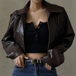 Women's Jackets Fashion Short Faux Leather Jacket Solid Colour Zipper Long Sleeve Motorcycle PU Biker Coat Outerwear