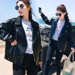 Women's Leather Jacket Women Zipper Streetwear Motorcycle PU Coat Large Outerwear Long Sleeve Korean Chic Black