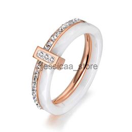 Band Rings 2 Layers Black/White Ceramic Crystal WeddRings Jewellery Rose Gold Plated Stainless Steel Rhinestone Engagement J240119