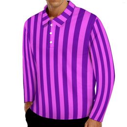 Men's Polos Striped Print Casual Polo Shirt Pink And Purple T-Shirts Long Sleeve Custom Autumn Retro Oversized Clothing Birthday Gift