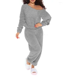Women's Two Piece Pants Long Sleeve Fluffy Pyjamas Set Women Solid Colour Homewear Clothing Suit Fashion Casual Pullover