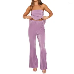 Women's Two Piece Pants Summer Purple Women 2 Pieces Outfits Solid Colour Tube Top With Long Trousers Casual Streetwear Outfit For Club Party