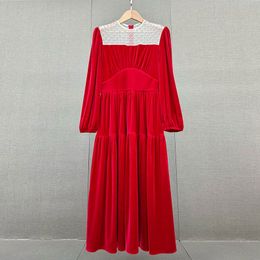 Designer dress, studded high-end velvet lantern sleeve long robe for women in autumn and winter, new style red and black long skirt