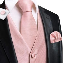 Vests HiTie Rose Pink Solid Novelty Silk Mens Slim Waistcoat Necktie Set For Suit Dress Wedding 4PCS Vest Necktie Hanky Cufflink Set