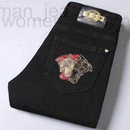 Men's Jeans designer Autumn and winter new thick Korean slim fit men's jeans small foot student's cotton elastic Medusa embroidery 3HGQ