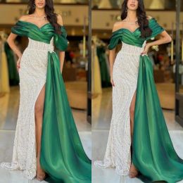 Luxury Long Evening Dresses Off the Shoulder Satin Evening Dresses Short Sleeves Mermaid Slit Sweep Train Party Gowns for Women