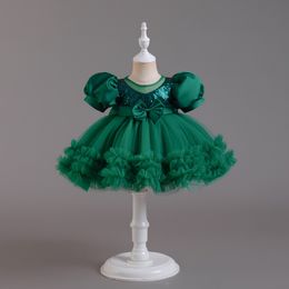 Green Flower Girl Dresses Wedding Sheer Neck Tulle Sequined Princess Birthday Party Ball Gown Junior Bridesmaid Dress For Girls Big Bow Little Baby Pageant