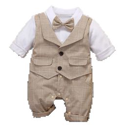 324M Formal Anniversary Dress Toddler Child Cotton Party Suit Infant Plaid Outfit Clothes born Boy Vest Romper Baby Birthday 240118