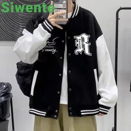 Simple Black and White Standup Collar Baseball Suit Allmatch Contrast Colour Letter R Male Coat Trend Loose Couple Jackets 240118