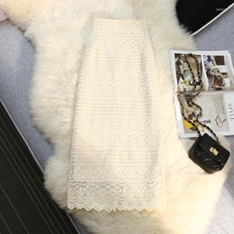 Skirts Spring Autumn Mid Length High Waist Straight Lace Skirt Women Black White