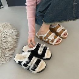 Slippers Mao For Women Outerwear Boken Cotton 2024 Autumn And Winter Flat Bottom Belt Buckle Lazy Shoes F