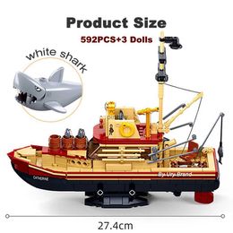 Blocks City Fishing Boat Vessel Trawlboat Model Building Blocks Set Pirate Ship Sea Fisher Figures Toys for Kids Birthday Gift