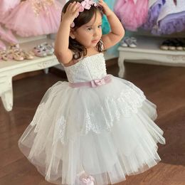 Girl Dresses Tulle Ball Gown Flower Princess Cap Sleeves Bow Pearls Lace Holy Communion Kids Prom Dress Vestidos De Noche