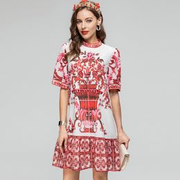 Women's Runway Dresses O Neck Short Sleeves Beaded Printed High Street Vintage A Line Mini Vestidos