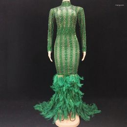 Stage Wear Elegant Green Rhinestones Feather Trailing Long Dress Women Singer Concert Catwalk Floor Length Dance Costume Christmas