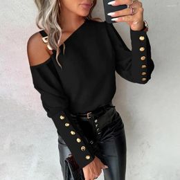 Women's Blouses Women Button Decor Shirt Chic One Shoulder Chain Blouse Long Sleeve Solid Colour Pullover With For Fall