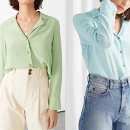 Women's Blouses 2 Colours Women Long Sleeve Shirt Silk Notched Single Breasted 2024 Summer Female Soft Blouse