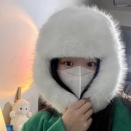 Berets Women Winter Hats Solid Colour Fluffy Long Plush Imitation Mink Ear Protection Caps Thicken Outdoor Windproof Thermal Bomber