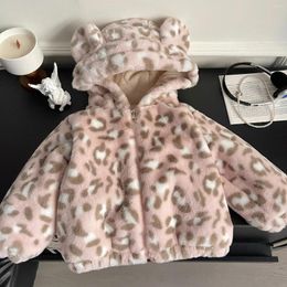 Jackets Kids Hooded Long Sleeve Warm 2024 Winter Korean Style Girls Leopard Print Plush Coat Baby Cute Thickened Clothes