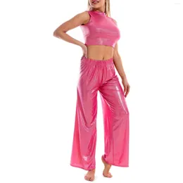 Women's Two Piece Pants Women Shiny Pieces Suit Dance Yoga Outfits O Neck Sleeveless Crop Top With Loose High Waist Wide Leg