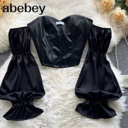 Women's Blouses Shirts Sexy Faux Leather Strapless Tops Women Long Sleeve Solid Zipper Slim Spring Off Shoulder PU Short YQ240120