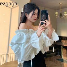 Women's Blouses Shirts Ezgaga Off Shoulder Blouse Women Slash Neck Ruffles Crop Tops Drawstring Criss Cross V Butterfly Sleeve Chic Ladies YQ240120