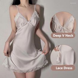 Women's Sleepwear Women Sexy Lingerie Silk Nightgowns Satin Sleeveless Nighties V-neck Nightdress Female Night Home Cloth White Dress