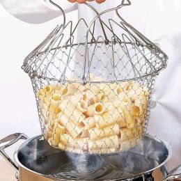 Multifunction 201 Foldable Steam Rinse Strain Fried Basket Strainer Net Kitchen Tools Cooking Dry Fruit Basket LL