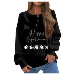 Women's Hoodies Autumn And Winter Round Neck Gradient Halloween Print Button Design Loose Casual Long-Sleeved Pullover Camiseta