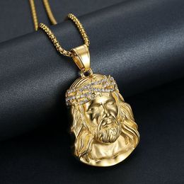 Pendant Necklaces Hip Hop Rhinestones Paved Iced Out Gold Colour Stainless Steel JESUS PIECE Pendants Necklace For Men Rapper Jewellery