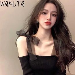 Women's Blouses Shirts WAKUTA Korean Girls New Knitted Tops Mesh Bow Tie Sexy Off Shoulder Black Pullovers Skinny Elegant Short Jumper Womens Clothes YQ240120