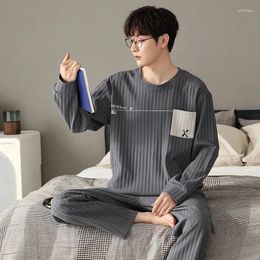 Men's Sleepwear 2024 Pyjamas Cotton Long Sleeved Pants Set Simple And Fitting Casual Youth Home Wear In Spring Autumn Pyjama Homme