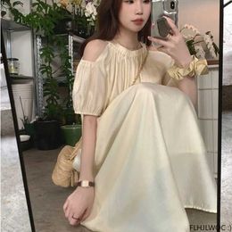 Women's Blouses Shirts Holiday Date Thin 2023 Summer Short Sleeve Japan Style Girls Women Chic Korea Design Sexy Off Shoulder Robe Tunic Long Dress YQ240120