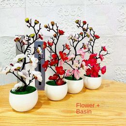 Decorative Flowers Artificial Plum Bonsai Fake Flower Potted Plant Plants Office Desk Bedroom Home Decoration