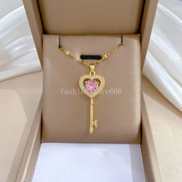 Stainless Steel Jewellery CZ Zirconia Pink Crystal Love Heart Key Pendant Necklace For Women Gift 40+5cm Chain collares