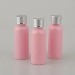 Tumblers 5pcs 50ml Pink Plastic Bottle Round Shoulder Anodized Aluminium Cover With Inner Plug Emulsion Sub-bottle Wholesale BQ122