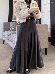 Skirts Qiukichonson Grey Long Womens Maxi Skirt 2024 Autumn Winter Woolen Goth Lolita High Waist Ruffle Pleated