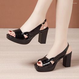 Sandals 8cm Open Head Genuine Leather Woman Block High Heels Shoes Summer 2024 Ladies Office Thick Platform Beach Mom