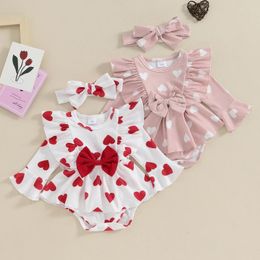 Rompers Pudcoco Born Baby Girl Outfit Long Sleeve Crew Neck Heart Print Bow Romper With Hairband Valentines Day Clothes 0-18M