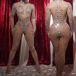 Stage Wear Nude Long Sleeves Shining Pearls Rhinestones Mirror Sequins Sexy Jumpsuits For Women Nightclub DJ Clothing Prom Costumes