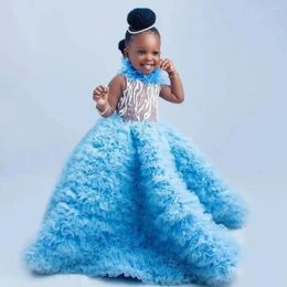 Girl Dresses Feahter 2024 Pageant Dress Flower Girls For Wedding Light Sky Blue Kids Ruffles Party Birthday Gowns Poshoot