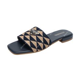 designer sandals women slippers mule triangle logo flat bottomed sandals women diamond checkered square toe low heeled sandals wearing slippers on the outside