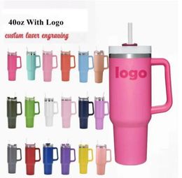 US stock WITH LOGO 40oz Hot Pink Mugs Stainless Steel Tumblers Mugs Cups Handle Straws Big Capacity Beer Water Bottles Outdoor Camping Clear/Frosted Lids B0120