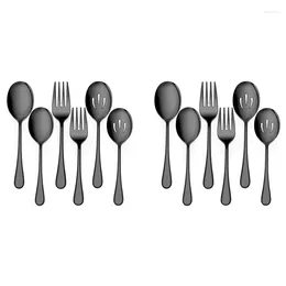 Dinnerware Sets 2X Serving Stainless Steel Buffet Catering Party Banquet Spoons Forks Set And Black-ABUX