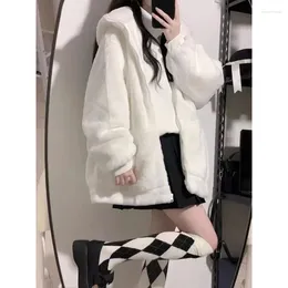 Women's Hoodies 2024 Women Zip Hoodie Thicken Fuzzy Fleece Sweatshirts Harajuku Bear Ear Oversize White Coats Cute Soft Winter Outerwear