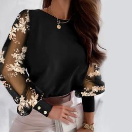 Women's Blouses Women Loose Fit Shirt Elegant Mesh Long Sleeve Blouse With Flower Decor For Fall Spring Office Wear Button Decoration