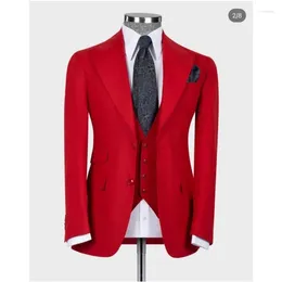 Men's Suits Red Men Custom 3 Pieces Peaked Lapel Gentle Tuxedo Prom Blazer Sets Wedding Groom Dresses Business Costume Homme