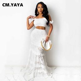 Women's Blouses Shirts CM.YAYA Women Set Solid Short Sleeve Off Shoulder Crop Tops Lace Skinny Long Trumpet Skirts Two Piece Sets Vintage Outfit Summer YQ240120